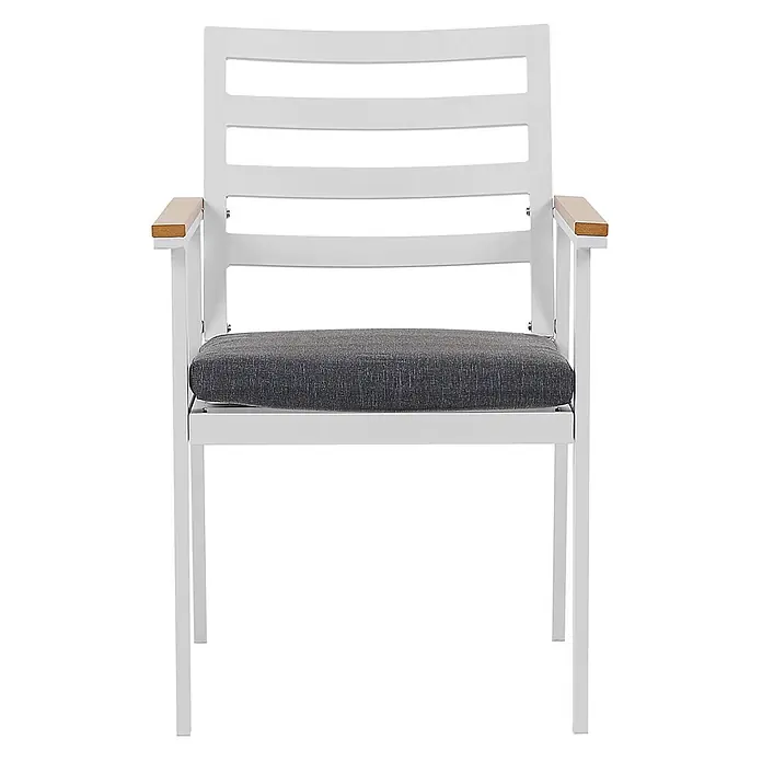 Beliani Gartenstuhl-Set CAVOLI - 4 Stk., Aluminium, Weiß, B x T x H: 54 x 60 x 82 cm - Weißer Metall-Sessel mit grauem Stoffkissen und Armlehnen aus Holz.