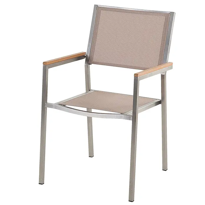 6er-Set Gartenstuhl GROSSETO in Beige/Silber/Braun -  - Sessel mit Metallrahmen, taupefarbener Netzbespannung und Holzarmlehnen.