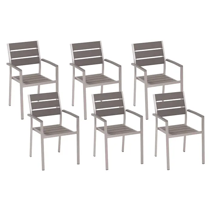 6er-Set Gartenstuhl VERNIO in Grau/Silber -  - Set aus sechs grauen Gartenstühlen mit silbernen Gestellen und Lattenrost-Sitzflächen und -Rückenlehnen.