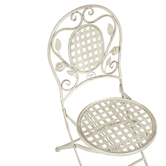4er-Set Gartenstuhl BIVIO in Weiß -  - Cremefarbener Klappstuhl aus Metall im Used-Look mit Blumenmuster-Rückenlehne und geflochtener Sitzfläche.
