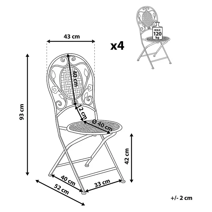 4er-Set Gartenstuhl BIVIO in Weiß -  - 4er Set verzierter klappbarer Metall-Gartenstühle mit detaillierter Rückenlehne, Maßen und max. 120 kg Belastung.