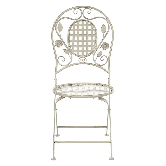 4er-Set Gartenstuhl BIVIO in Weiß -  - Verzierter cremefarbener Metallklappstuhl mit Schnörkeln und geflochtenem Muster an Sitz und Rückenlehne.