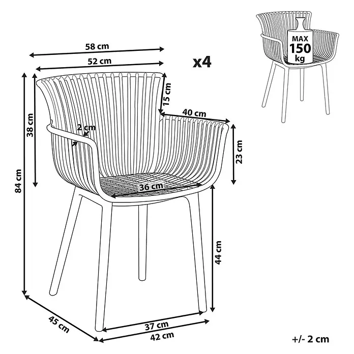 4er-Set Esszimmerstuhl PESARO in Grün -  - Linienzeichnung eines modernen Stuhls mit Armlehnen und Abmessungen. Stapelbar, max. 150 kg Tragkraft.