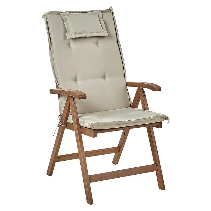 6er-Set Gartenstuhl AMANTEA in Braun/Beige -  - Hölzerner Klappgartenstuhl mit hellbeigem Polster und Kopfstütze.