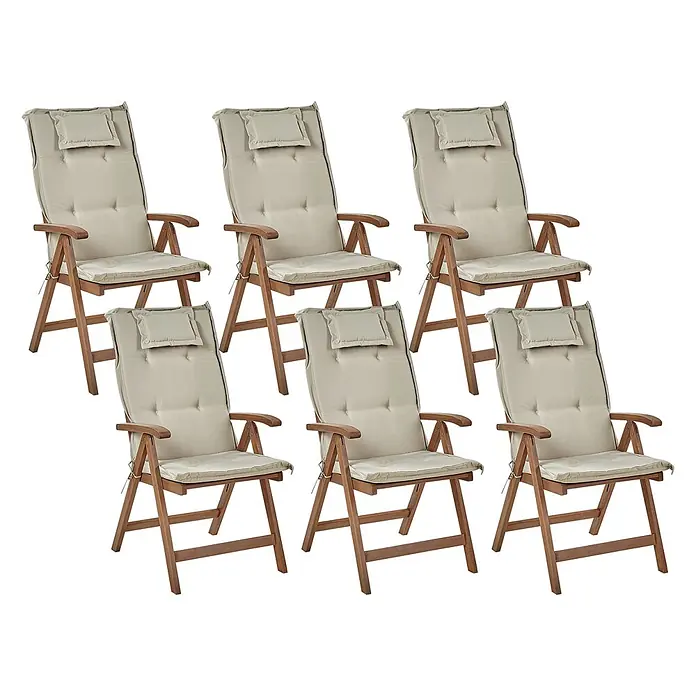 6er-Set Gartenstuhl AMANTEA in Braun/Beige -  - Sechs klappbare Gartenstühle aus Holz mit beigefarbenen Kissen.