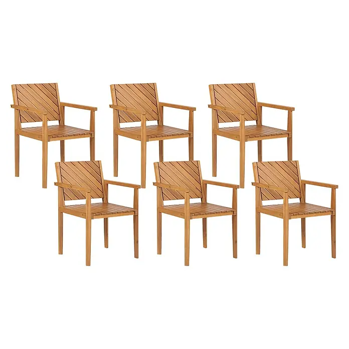 Beliani Gartenstuhl-Set BARATTI - 6 Stk., Akazienholz, Braun, B x T x H: 55 x 40 x 82 cm - Sechs hellbraune Holzstühle mit Armlehnen und Lattenrost-Rückenlehnen und -Sitzen.