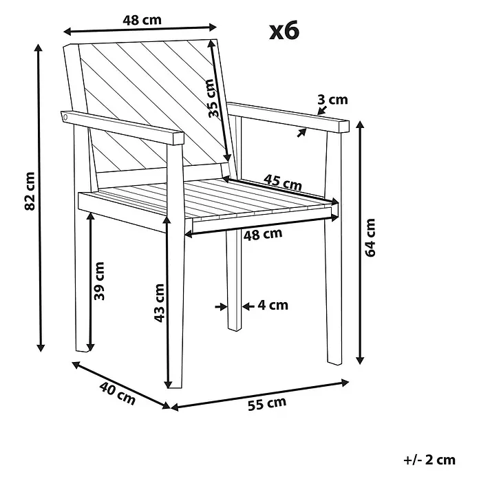 Beliani Gartenstuhl-Set BARATTI - 6 Stk., Akazienholz, Braun, B x T x H: 55 x 40 x 82 cm - Holzstuhl mit Armlehnen, detaillierte Maße, im 6er-Set erhältlich.