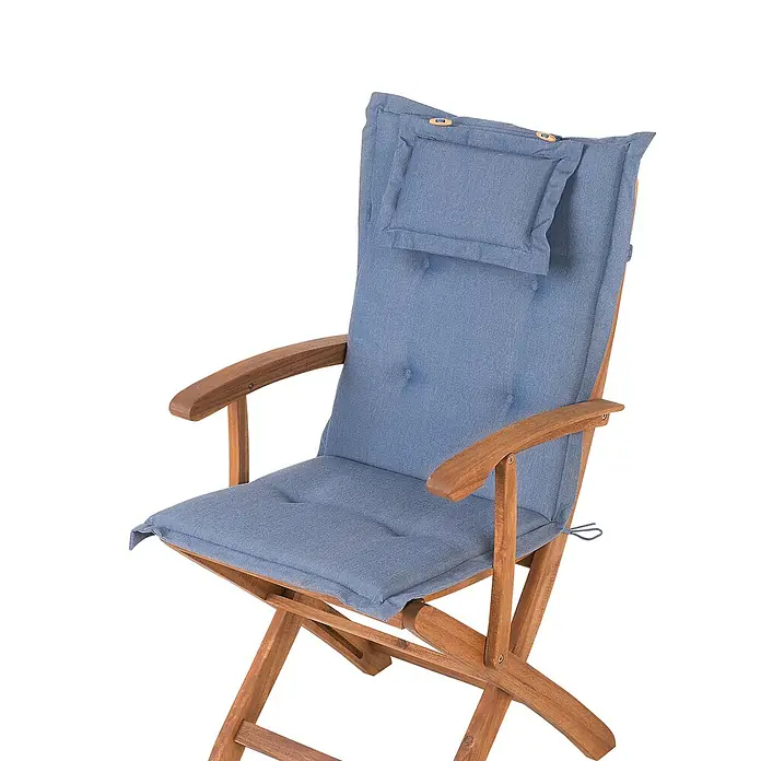 4-tlg Gartenstuhl MAUI in Braun/Blau -  - Klappbarer Gartenstuhl aus Holz mit blauen Polstern für Sitz, Rückenlehne und Kopfstütze, sowie Holzarmlehnen.