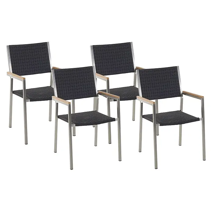 4er-Set Gartenstuhl GROSSETO in Schwarz/Silber -  - Vier Esszimmerstühle mit Edelstahlrahmen, schwarzen Geflechtsitzen und -lehnen sowie Armlehnen aus Holz.