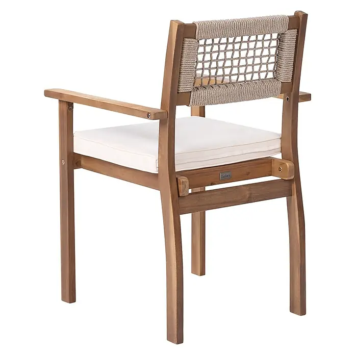 Beliani Gartenstuhl-Set SUMIRAGO - 2 Stk., Akazienholz, Braun, B x T x H: 55 x 55 x 85 cm - Holz-Armlehnstuhl mit geflochtener Seil-Rückenlehne und weißem Sitzkissen.