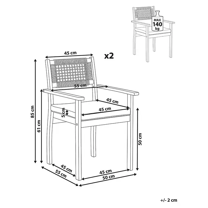 Beliani Gartenstuhl-Set SUMIRAGO - 2 Stk., Akazienholz, Braun, B x T x H: 55 x 55 x 85 cm - Zwei Holz-Sessel mit geflochtener Rückenlehne, Maße: 85cm Gesamthöhe, 55cm Sitzhöhe und 140kg max. Belastbarkeit.