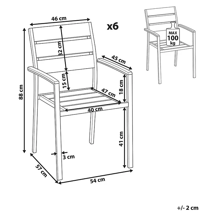 Beliani Gartenstuhl-Set VERNIO - 6 Stk., Kunstholz, Stapelbar, Schwarz, B x T x H: 54 x 57 x 88 cm - Eine detaillierte Strichzeichnung eines Metall-Sesselstuhls mit Abmessungen, der eine maximale Tragfähigkeit von 100 kg und den Verkauf im Sechserpack zeigt.
