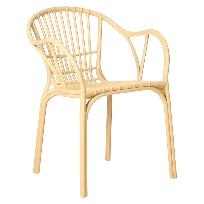 4er-Set Esszimmerstuhl ANDORA in Beige -  - Hellbeiger Sessel im Rattan-Stil mit geschwungener Rückenlehne und Lattenrost-Design.