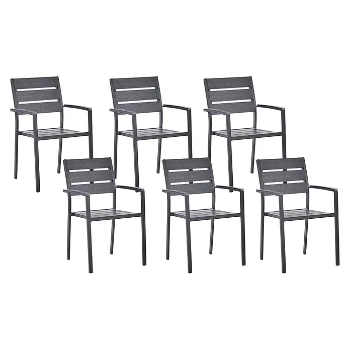 6er-Set Gartenstuhl VERNIO in Schwarz/Schwarz -  - Sechs graue Outdoor-Stühle mit Lattenrostsitz, Rückenlehnen und Armlehnen.