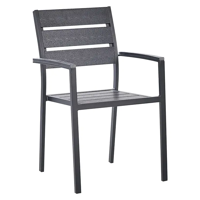 6er-Set Gartenstuhl VERNIO in Schwarz/Schwarz -  - Dunkelgrauer Terrassenstuhl mit Metallrahmen und texturierten Holzimitat-Verbundlamellen an Sitz und Rückenlehne.