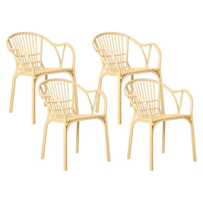 4er-Set Esszimmerstuhl ANDORA in Beige -  - Vier beige Rattansessel mit Lattenrückenlehnen und Sitzen.