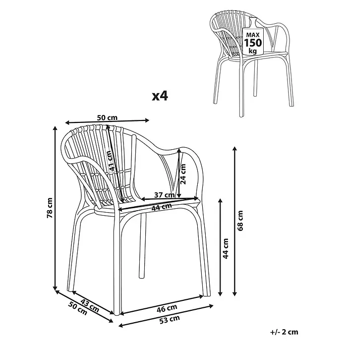 4er-Set Esszimmerstuhl ANDORA in Beige -  - Strichzeichnung eines Stuhls mit detaillierten Maßen und einer max. Belastbarkeit von 150 kg. Im 4er-Set erhältlich.