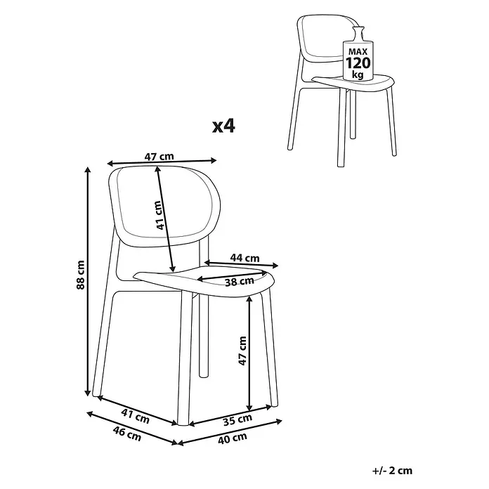 4er-Set Esszimmerstuhl MUSANO in Grün/Weiß -  - Technische Zeichnung eines Stuhls mit Maßen, Gesamthöhe 88 cm, Sitzhöhe 47 cm, max. Belastung 120 kg. Als 4er-Set erhältlich.