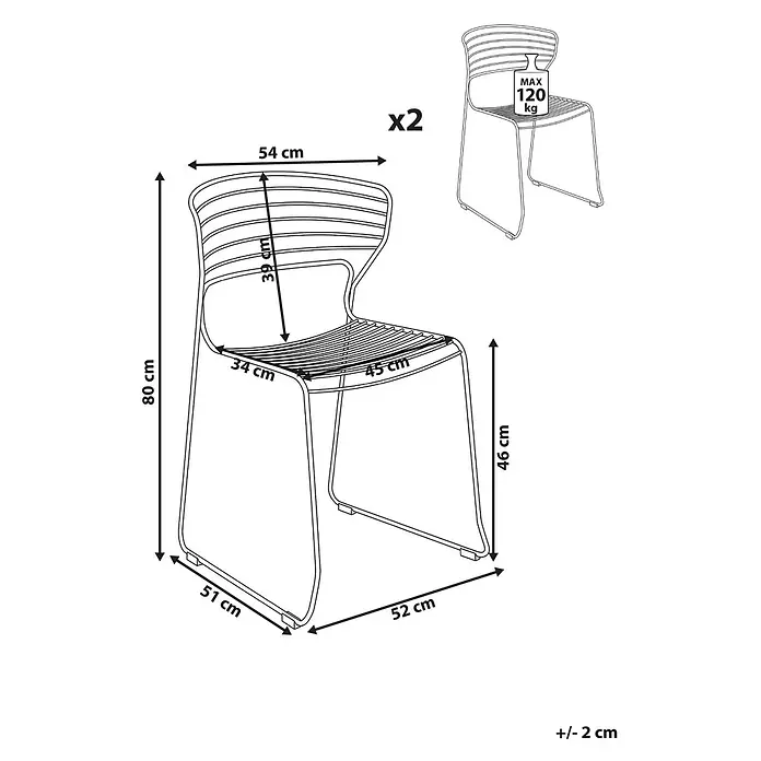Beliani Gartenstuhl-Set PISTOIA - 2 Stk., Stahl, Rot, B x T x H: 54 x 51 x 80 cm - Abmessungen eines modernen Lattenstuhls (2er-Set) mit 120 kg Traglast: Höhe 80 cm, Sitzhöhe 46 cm, Breite 54 cm.
