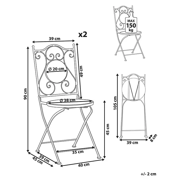 2er-Set Gartenstuhl COLLIO in Schwarz/Weiß -  - Klappbarer Metallstuhl im 2er-Set mit Maßen: 90 cm H, 38 cm Sitz-Ø, 45 cm Sitzhöhe, 150 kg max. Belastung, auch zusammengeklappt gezeigt.