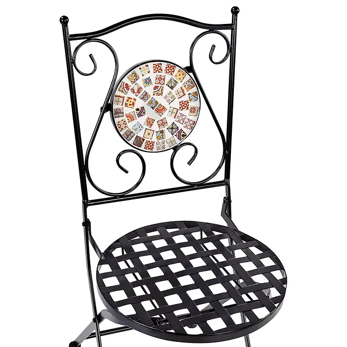 2er-Set Gartenstuhl CASARIO in Schwarz/Bunt -  - Dekorativer schwarzer Metall-Bistrostuhl mit runder, farbiger Mosaikfliesen-Rückenlehne und geflochtener Sitzfläche.