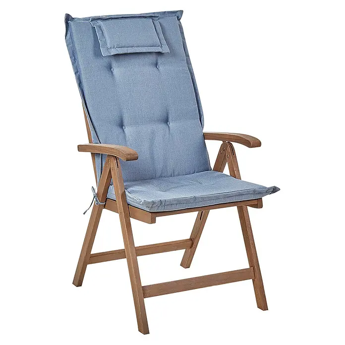 2er-Set Gartenstuhl AMANTEA in Braun/Blau -  - Klappbarer Holzstuhl mit blauer Stoffauflage und Kopfstütze.