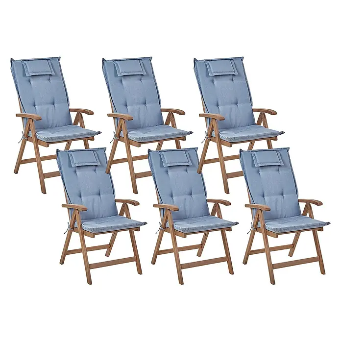 6er-Set Gartenstuhl AMANTEA in Braun/Blau -  - Sechs klappbare Gartenstühle aus Holz mit hellblauen, gepolsterten Auflagen und Kopfstützen.