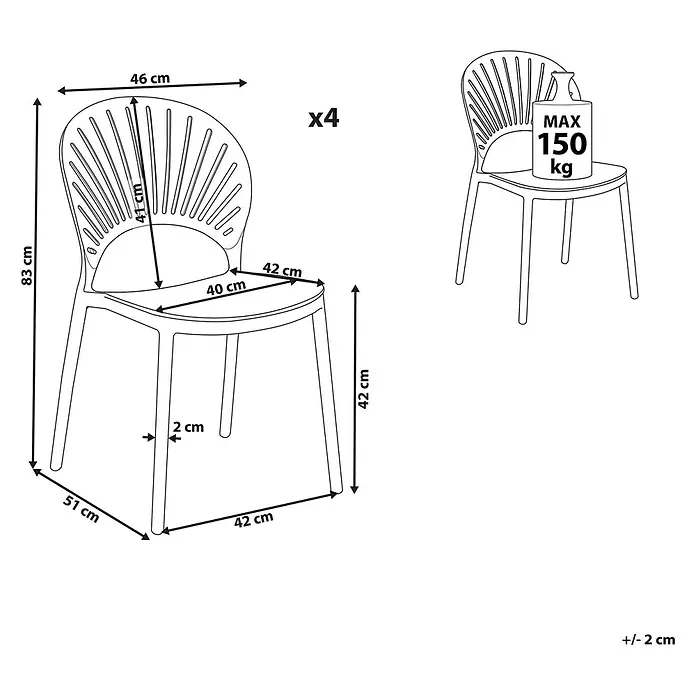 4er-Set Esszimmerstuhl OSTIA in Weiß -  - Technisches Diagramm eines Stuhls, 83x46x51 cm (HxBxT), Sitzhöhe 42 cm. Max. Belastung 150 kg. Verkauft als 4er-Set.