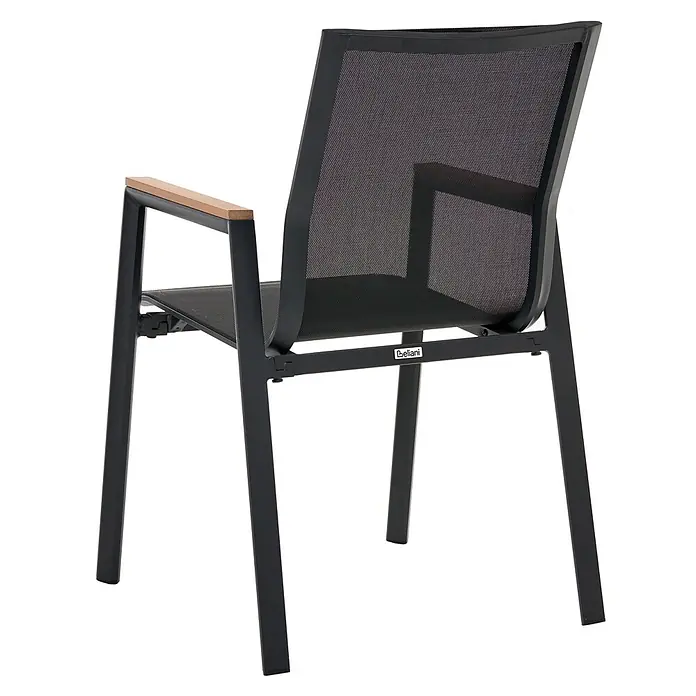 5-tlg Gartentisch Set TIANO in Braun/Schwarz -  - Schwarzer Metall-Gartenstuhl mit schwarzer Netzlehne und -sitzfläche sowie hellen Holzarmlehnen.
