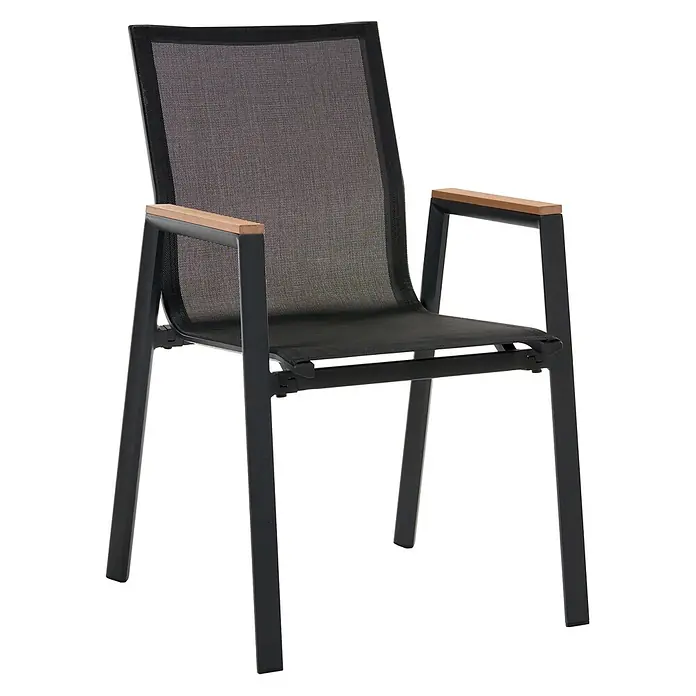 5-tlg Gartentisch Set TIANO in Braun/Schwarz -  - Moderner Gartenstuhl mit dunklem Metallrahmen, schwarzem Netzgewebe und Holzarmlehnen.