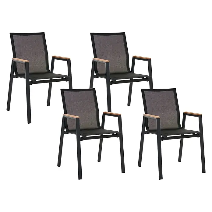4er-Set Gartenstuhl TIANO in Schwarz/Braun -  - Vier schwarze Stapel-Gartenstühle mit Netzstoff-Sitz, Metallrahmen und Holzarmlehnen.