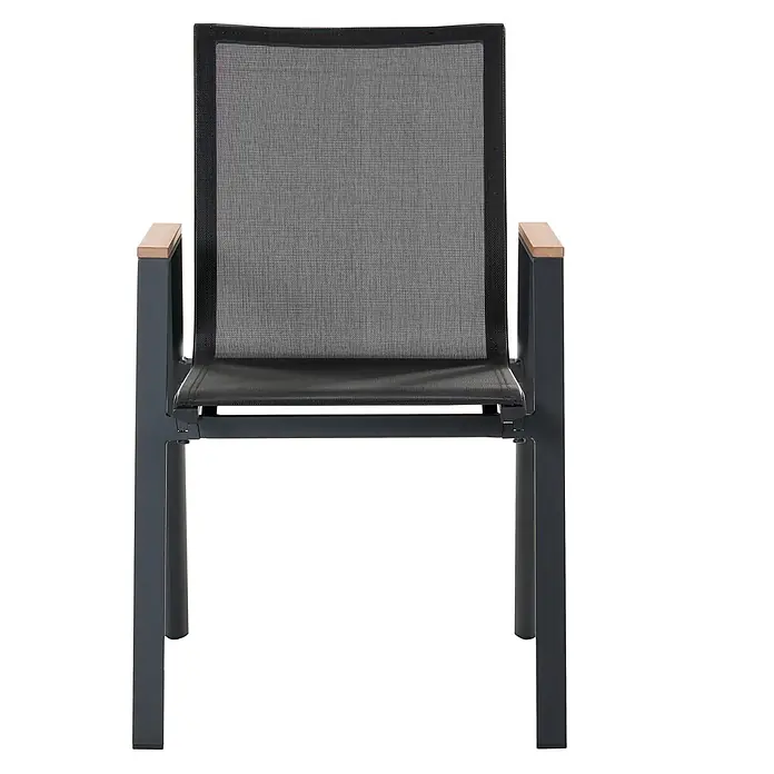 5-tlg Gartentisch Set TIANO in Braun/Schwarz -  - Outdoor-Sessel mit dunkelgrauem Metallrahmen, grauer Netzstoff-Sitzfläche und -Rückenlehne sowie hellen Holzarmlehnen.