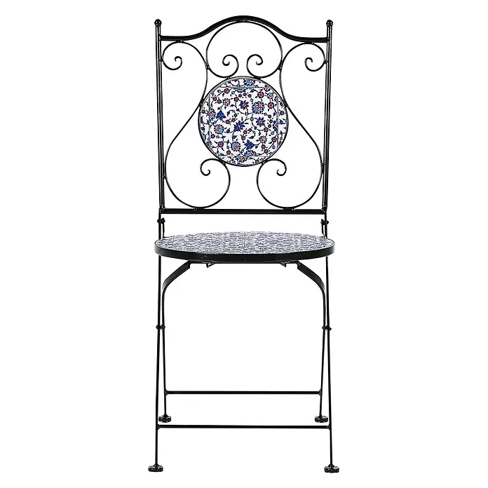 2er-Set Gartenstuhl CAMPRENA in Schwarz/Blau/Weiß -  - Schwarzer Schmiedeeisenstuhl mit dekorativem blau-rotem Fliesensitz und Rückenlehne.
