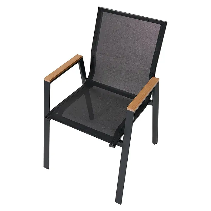 4er-Set Gartenstuhl TIANO in Schwarz/Braun -  - Schwarzer Netzstuhl mit schwarzem Metallrahmen und hellen Holzarmlehnen.