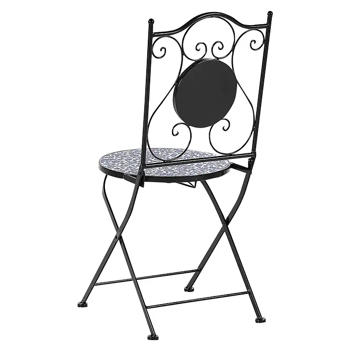 2er-Set Gartenstuhl CAMPRENA in Schwarz/Blau/Weiß -  - Schwarzer Klappstuhl aus Metall mit dekorativ geschwungener Rückenlehne und runder Plakette. Sitzfläche mit blau-weißem Fliesenmuster.