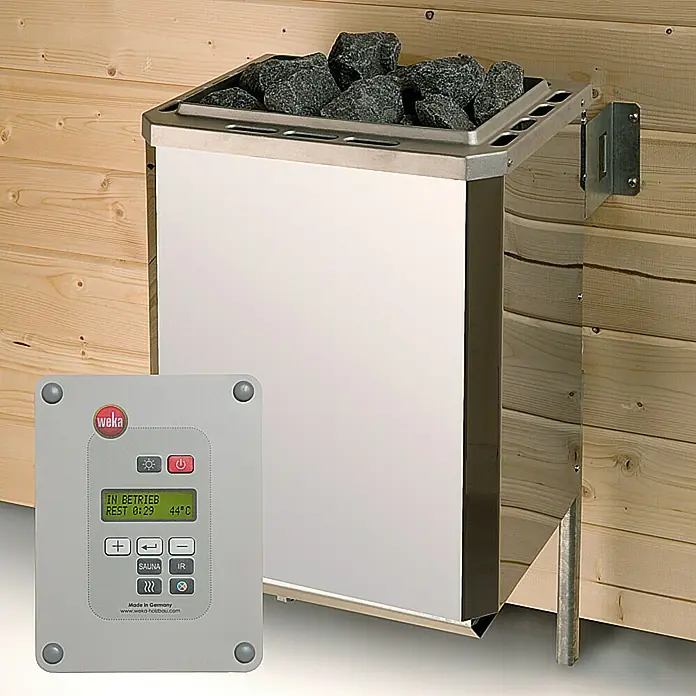 Weka Saunahaus MIKKELI 7,5 kW OS - Elektroofen, Steuerung Ofen: Extern, L x B x H: 144 x 194 x 199 cm - Nahaufnahme eines Weka Saunaofens mit Steinen und Bedienfeld zur Temperaturregelung in einer Holzkabine.