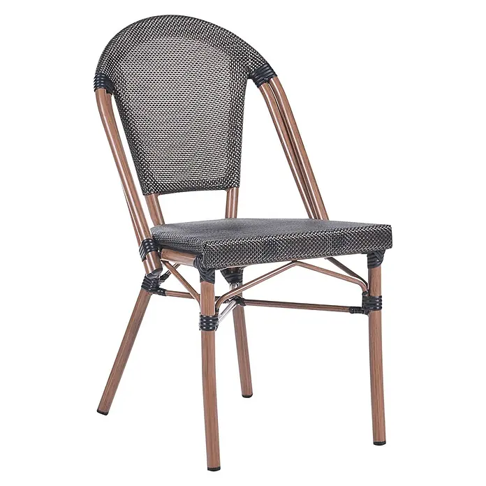 5-tlg Gartentisch Set RIFREDDO in Grau/Braun -  - Stuhl mit braunem Holzimitat-Gestell und dunkelgrauer geflochtener Netzrückenlehne und Sitzfläche.