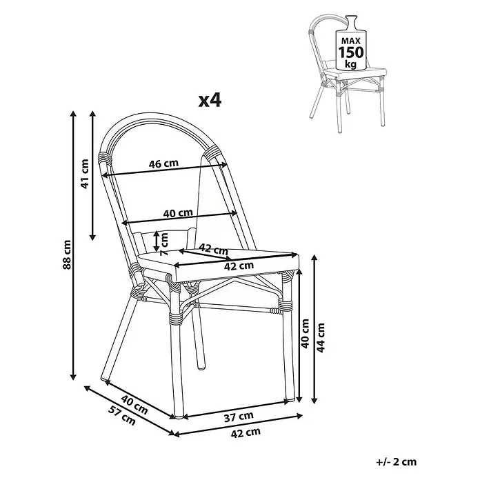 4er-Set Gartenstuhl RIFREDDO in Grau/Braun -  - Strichzeichnung eines Stuhls im Rattan-Stil mit detaillierten Maßen und einer maximalen Tragfähigkeit von 150 kg.