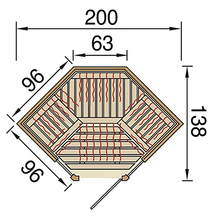 Weka Infrarotkabine Osby Eck - 2.890 W, Therm-Flächenstrahler, 138 x 200 x 190 cm - Detaillierte Bauzeichnung eines Pavillons mit Maßangaben für Planung und Konstruktion.