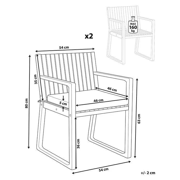 Beliani Gartenstuhl-Set SASSARI PREMIUM - 4 Stk., zertifiziertes Akazienholz, Braun, B x T x H: 54 x 59 x 80 cm - Technische Zeichnung von 2 Gartenstühlen mit Lattenrost, Armlehnen & Kissen. Maße (80cm H, 54cm B) & 160kg max. Last sind detailliert.
