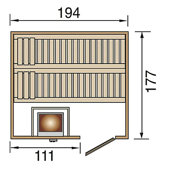 Weka Halmstad 2 Elementsauna - Elektroofen, Steuerung Ofen: Extern, L x B x H: 175 x 192 x 199 cm - Sauna-Grundriss mit Maßen. Der Grundriss zeigt die Anordnung der Bänke, den Ofen und die Tür.