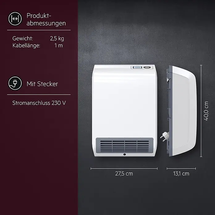 AEG Heizlüfter Bad VH 213 Wandmontage - 2.000 W, Alpinweiß, IP24 - Weißer Wandheizkörper mit Digitalanzeige, von vorne und seitlich gezeigt, mit Maßangaben.