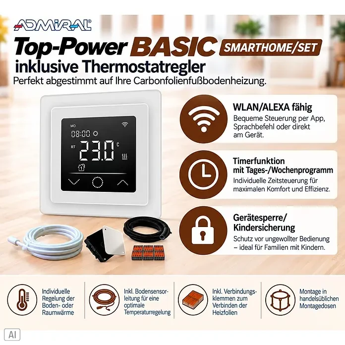 Admiral Fußbodenheizung Top-Power Basic - 20 x 0,5 m, Beheizbare Fläche: 10 m², 800 W - Weißes Smart-Thermostat-Set mit Zubehör für Carbonfolien-Fußbodenheizung, steuerbar per App oder am Gerät.