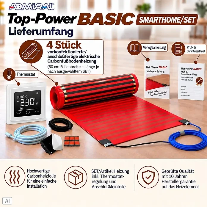 Admiral Fußbodenheizung Top-Power Basic - 10 x 0,5 m, Beheizbare Fläche: 5 m², 400 W - Ein elektrisches Fußbodenheizungs-Set mit rot/schwarzen Carbon-Heizfolien, weißem Digitalthermostat, Kabeln und Anleitungen.