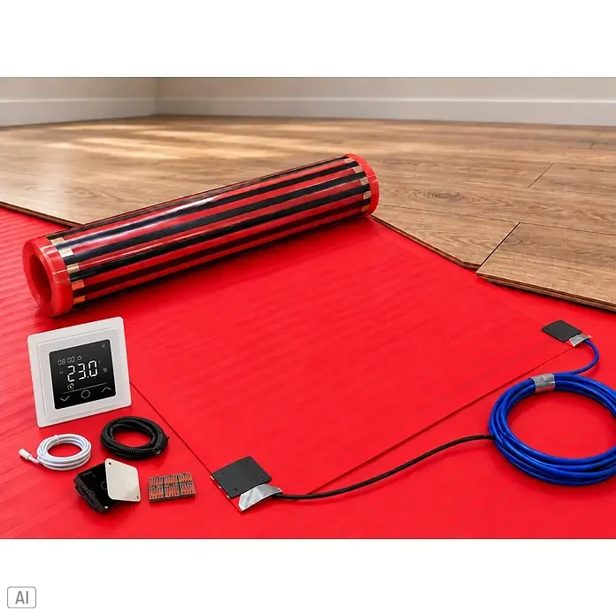 Admiral Fußbodenheizung Top-Power Basic - 20 x 0,5 m, Beheizbare Fläche: 10 m², 800 W - Fußbodenheizungs-Installationskit: rote Matte, gerollte Heizfolie, digitaler Thermostat (23°C) und Anschlusskabel.