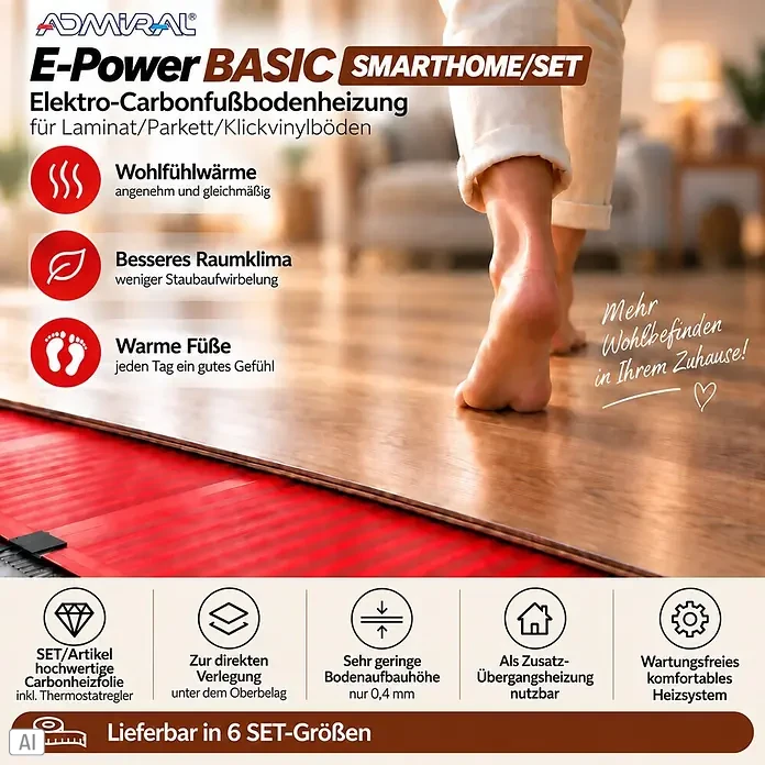 Admiral Fußbodenheizung Top-Power Basic - 20 x 0,5 m, Beheizbare Fläche: 10 m², 800 W - Rote Carbon-Heizfolie unter Holzboden, bietet angenehme Wärme und geringe Aufbauhöhe.
