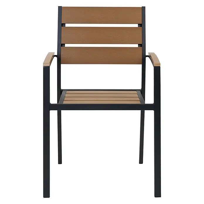 6er-Set Gartenstuhl VERNIO in Braun/Schwarz -  - Outdoorstuhl mit schwarzem Metallrahmen und brauner Lattenrostsitzfläche, Rückenlehne und Armlehnen.
