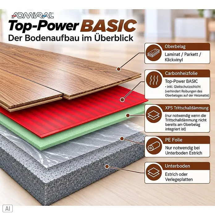 Admiral Fußbodenheizung Top-Power Basic - 20 x 0,5 m, Beheizbare Fläche: 10 m², 800 W - Explosionszeichnung des ADMIRAL Top-Power BASIC Carbon-Fußbodenheizungssystems mit Belag, Dämmung und Unterboden.