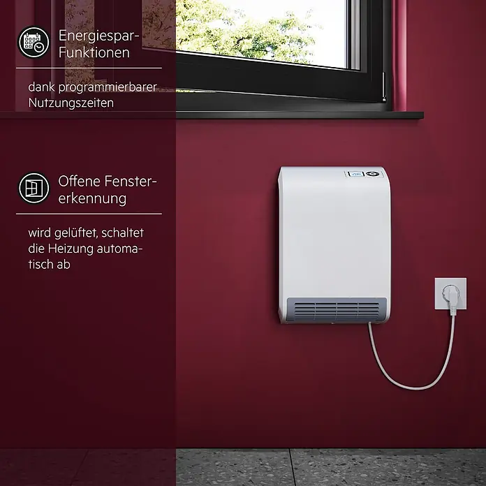 AEG Heizlüfter Bad VH 213 Wandmontage - 2.000 W, Alpinweiß, IP24 - Weißer Wandheizer mit programmierbaren Energiesparfunktionen und Offene-Fenster-Erkennung, an roter Wand montiert.