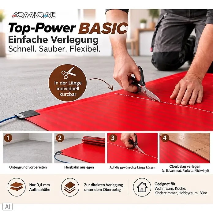 Admiral Fußbodenheizung Top-Power Basic - 20 x 0,5 m, Beheizbare Fläche: 10 m², 800 W - Rote, flexible Heizmatte wird mit Schere für anpassbare, einfache Fußbodenheizungsinstallation zugeschnitten.